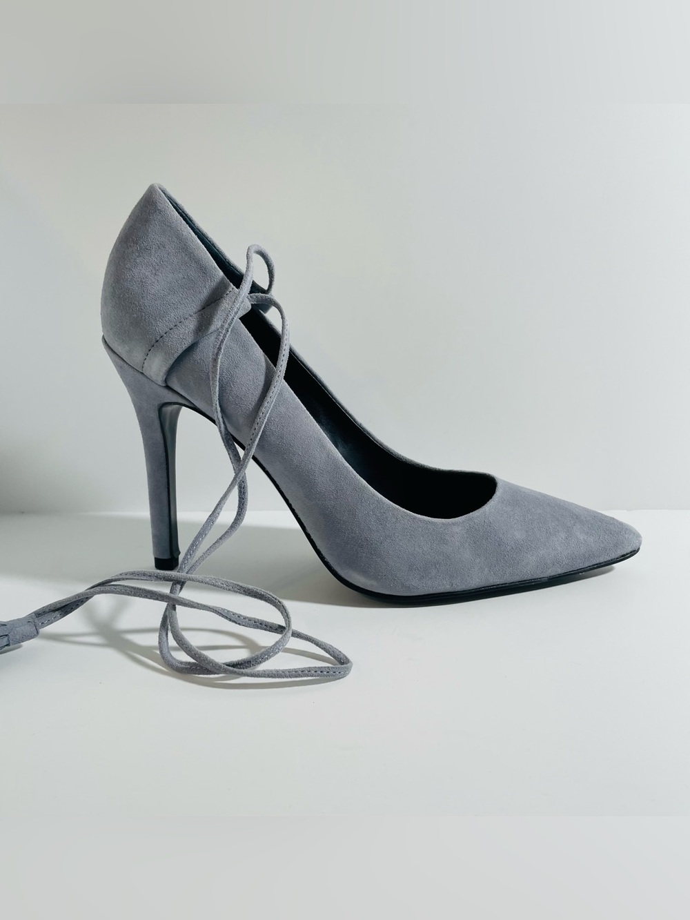 GUESS Suede Tassel Ankle-Tie Heels - Light Gray - Picture 2 of 15